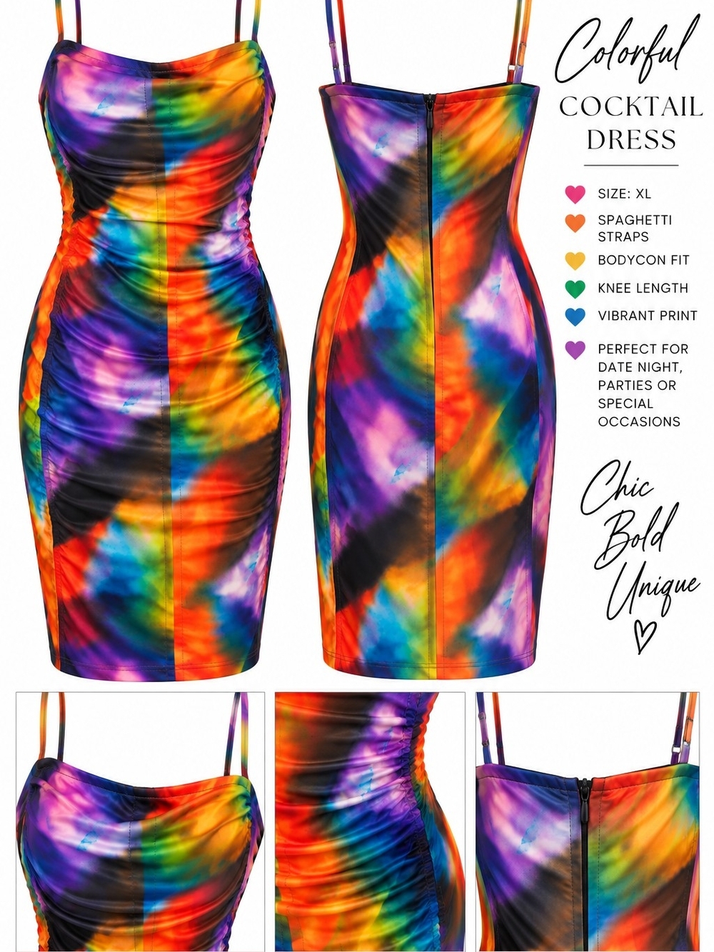 Fashion Nova Rainbow Tie-Dye Bodycon Midi Dress with Spaghetti Straps